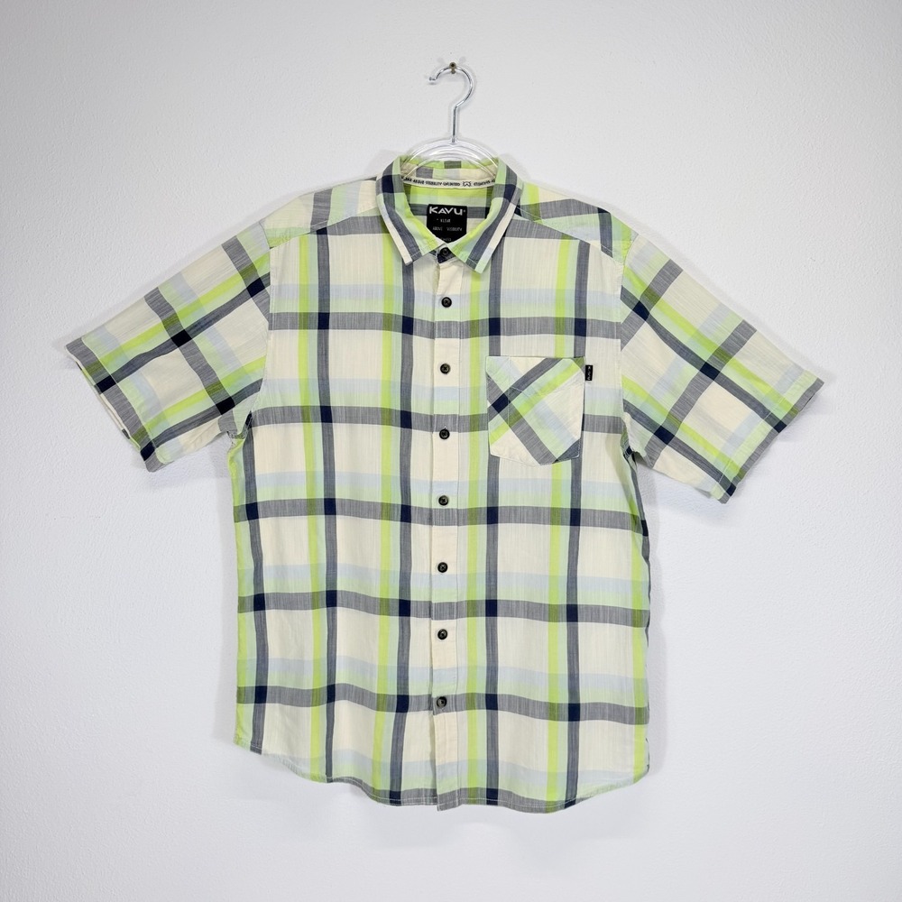 KAVU Mens Short Sleeve Button Up Gray Green Plaid Windowpane Check Size L